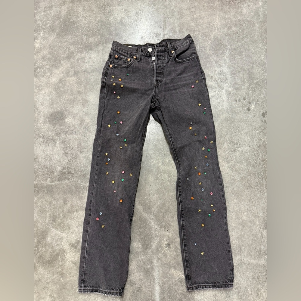 Women's Black Embellished Studded Jeans (Multicolor Star and Gems)